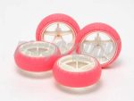 Tamiya 95460 1/32 Mini 4WD Large Dia. Narrow Fiberglass Wheels & Arched Tires (Fluorescent Pink)