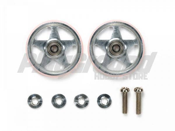 Tamiya 95438 1/32 Mini 4WD 19mm Aluminum Rollers (5 Spokes) w/Plastic Rings (Pink)