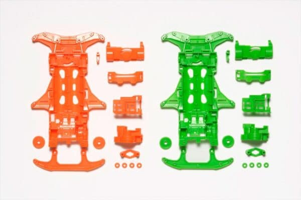 Tamiya 95355 1/32 Mini 4WD FLUORESCENT CHASSIS SET Vs Chassis (Orange/Green)