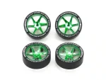 TAMIYA 95666 1/32 MINI 4WD FULLY COWLED 30TH ANNIV. SUPER HARD LOW PROFILE TIRES & MATTE GREEN PLATED WHEELS