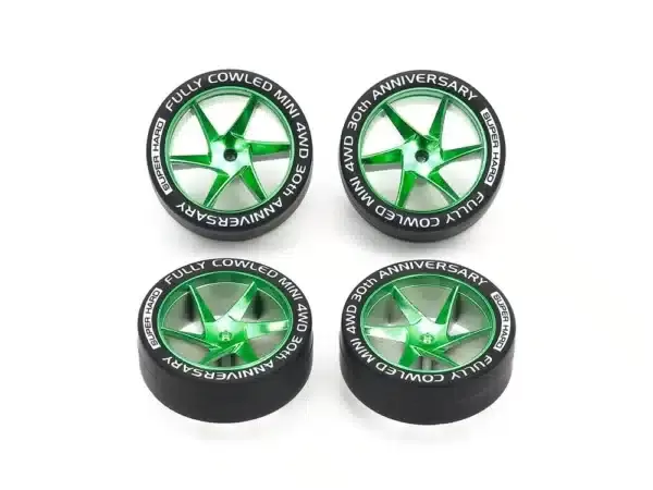 TAMIYA 95666 1/32 MINI 4WD FULLY COWLED 30TH ANNIV. SUPER HARD LOW PROFILE TIRES & MATTE GREEN PLATED WHEELS