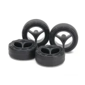 TAMIYA 15543 1/32 MINI 4WD SUPER HARD SMALL DIA. NARROW TIRES (24mm) & CARBON WHEELS (3-SPOKE, for SUPER X & XX CHASSIS)