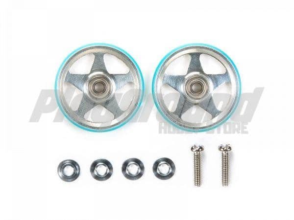 95397-1-1.jpg TAMIYA 95397 1/32 MINI 4WD 19MM ALUMINUM ROLLERS (5 SPOKES) W/PLASTIC RINGS (LIGHT BLUE) - Image 1